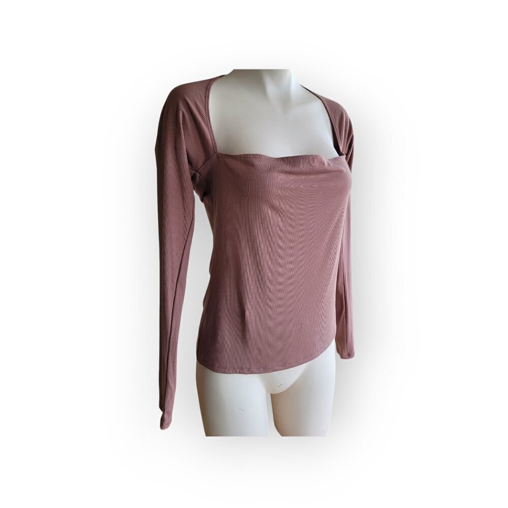 Naked Wardrobe XL Brown Square Neck Ribbed Long Sleeve Stretchy Neutral Top - Picture 8 of 8